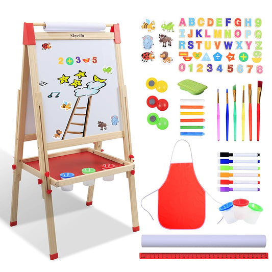 Skyelta Art Easel for Kid,Double-Sided Kids Art Easel with Magnetic Chalkboard & Whiteboard,Adjustable Height for Ages 4-12,Wooden Drawing Board with 100+ Accessories,Art Supplies & Gift