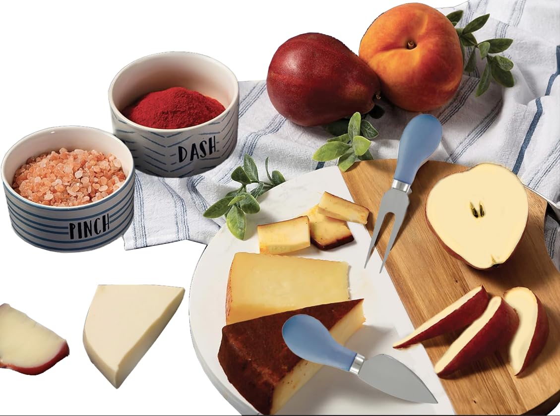 Charcuterie Board Set, Marble and Wood. 11.8'' Diameter Serving Tray, with Pinch and Dash Ceramic Bowls, Cheese Fork and Knife Set, and Towel. Perfect for Entertaining Guests