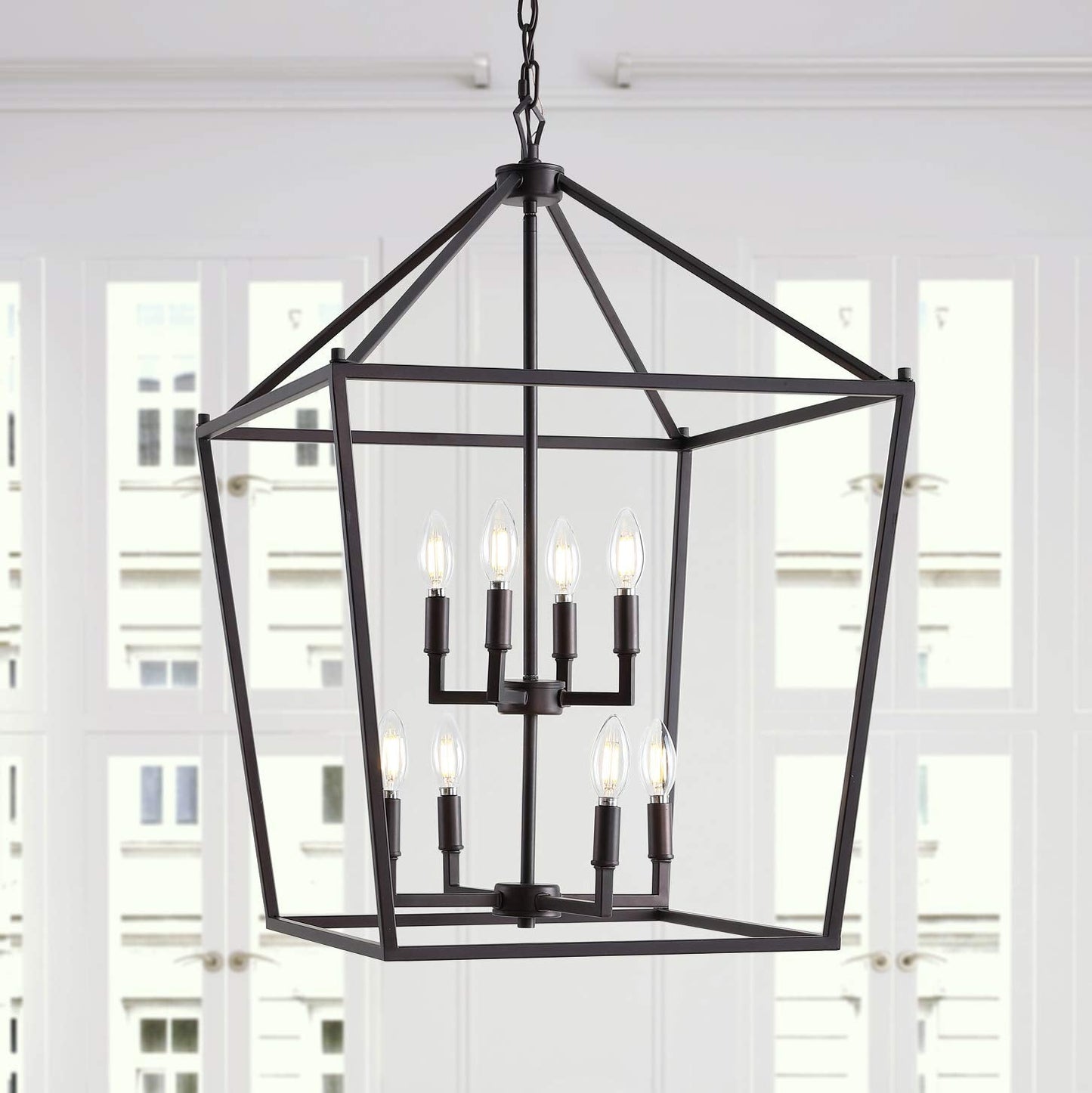 JONATHAN Y 20" Oil Rubbed Bronze Lantern Pendant Light, 8-Light Pagoda Style Metal Cage Farmhouse Hanging Ceiling Fixture for Kitchen Island, LED Bulb Included (JYL7438A)