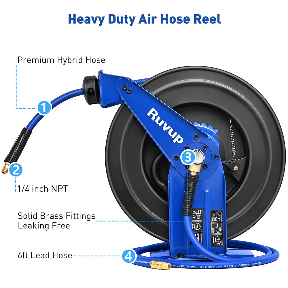 Ruvup Retractable Air Hose Reel, 3/8" x 75ft Air Compressor Tools Hose Reel Auto Rewind Hybrid Hose Max 300PSI with 6.5ft Lead Hose Heavy Duty Steel with 12-Position Ratchet Lock Accessory Kit