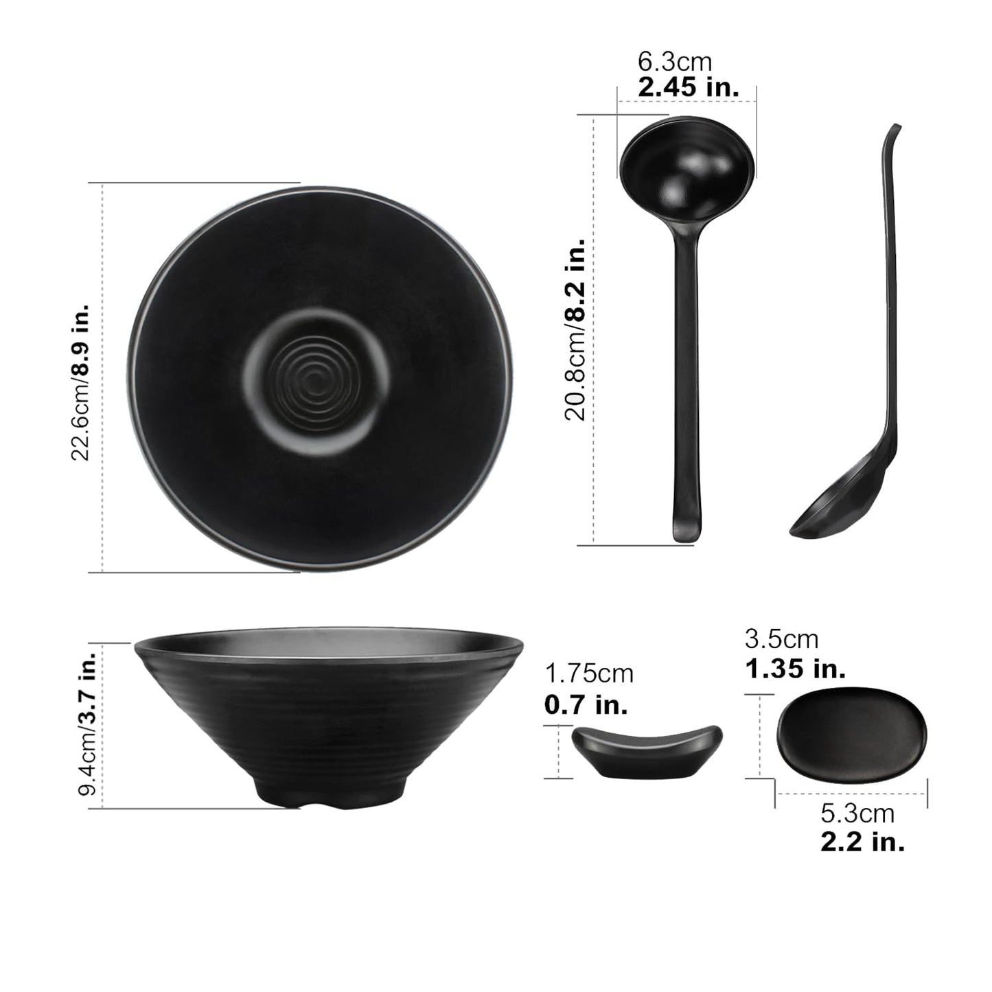 SYXLTSH Ramen Bowl Set of 2, with 2 Pairs Chopstick, 2 Soup Spoon, 2 Styles Dipping Saucers, Melamine Bowls for Nodles Salad Rice Dining Serving Kitchen 9" Black (Classic Bowls Set of 2 (12pcs))