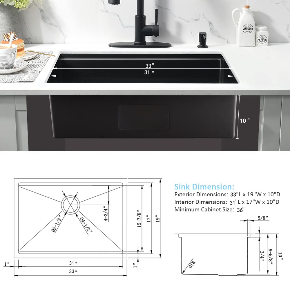 33 Inch Black Undermount Kitchen Sink Workstation-Bokaiya 33x19 Kitchen Sink Undermount Black Stainless Steel 16 Gauge 10" Deep Single Bowl Kitchen Sinks with Cutting Board