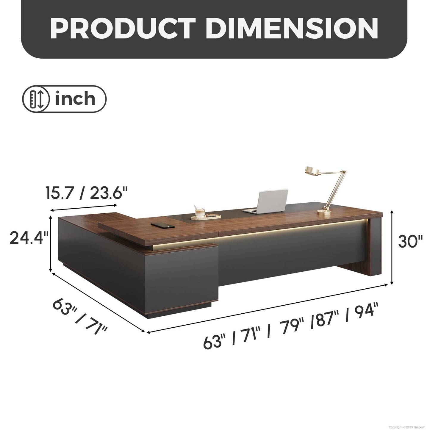 Nuipesn 63-Inch Reversible L-Shaped Executive Desk with Power Outlet & LED Lighting, Large Modern Office Desk with Drawers & Storage Shelves for Home & Office, Red Walnut & Iron Gray