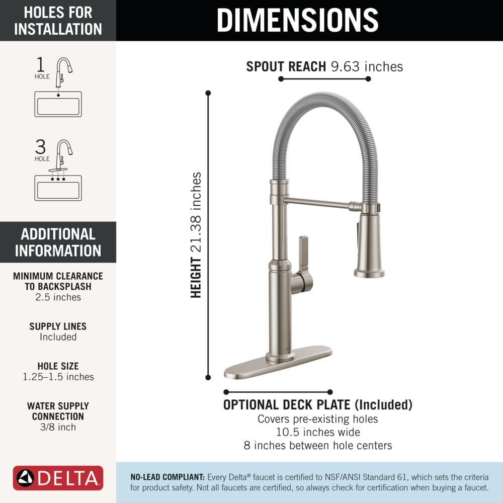 Delta Rhett Pro Style Commercial Kitchen Faucet with Pull Down Sprayer, Brushed Nickel Single Hole Kitchen Sink Faucet, Single Handle, Stainless 18829-SS-DST