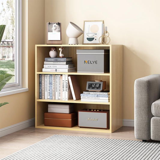 NELYE Basic Open Shelf Bookcase - 3-Tier Wooden Cube Storage Shelves Split Bookshelf, Oak