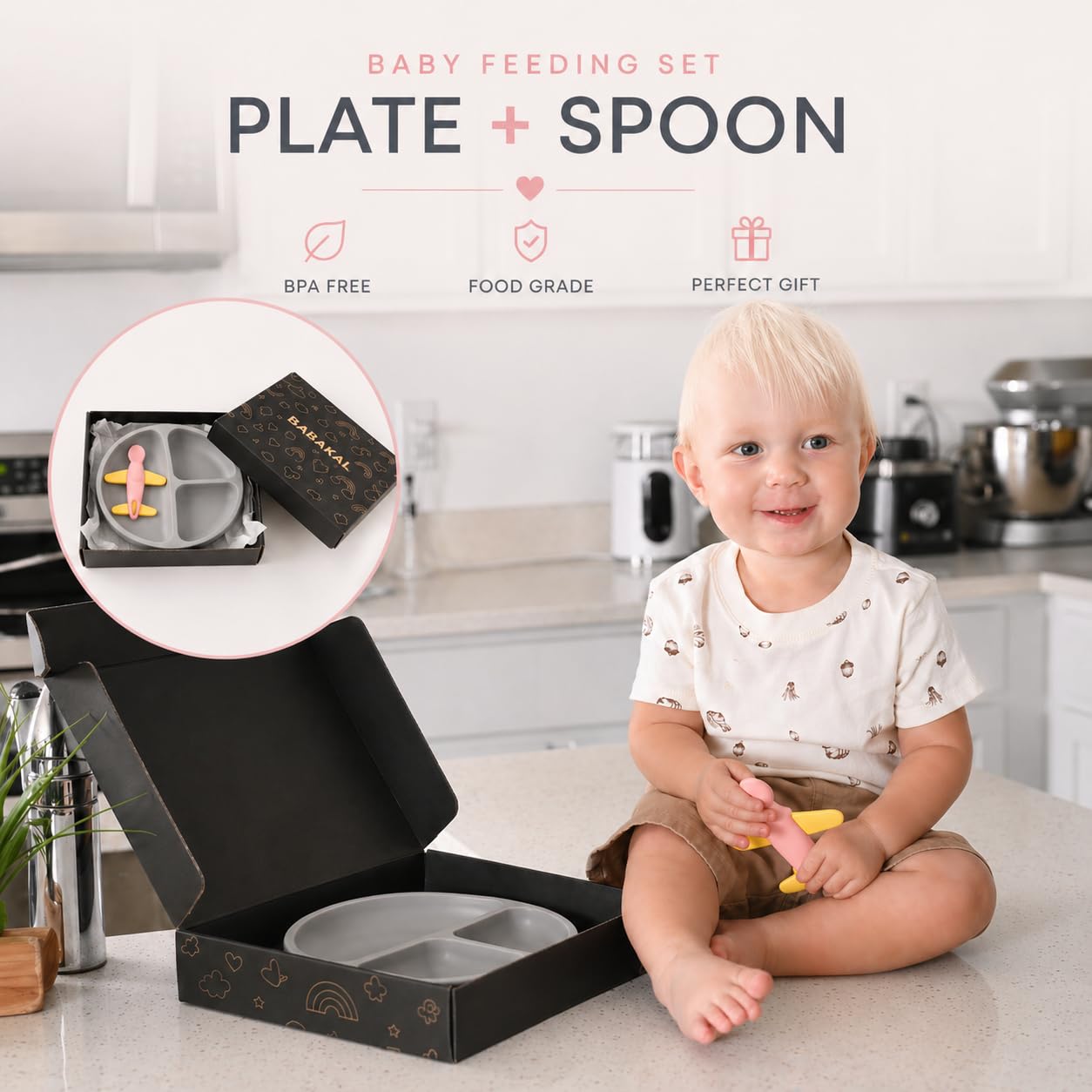 Babakal Baby Spoon & Plate Set - Airplane Self Feeding Spoon, Silicone BPA Free, Suction Divided Plate for Baby Led Weaning, 6-18 Months