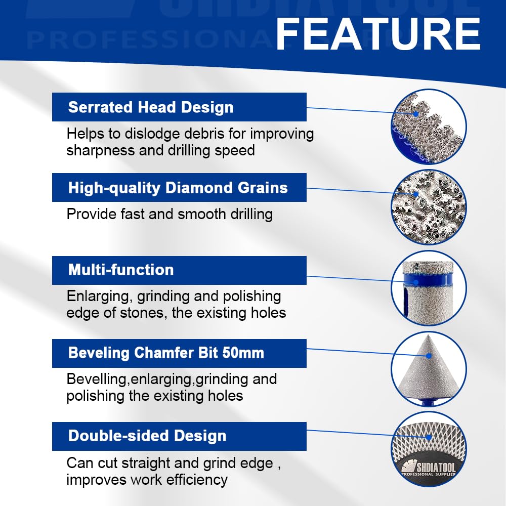 Diamond Core Drill Bits Set 10PCS - DARTOTEK Tile Hole Saw Kit (6/6/8/20/35/50/65mm/20mm/2 SDS for Porcelain, Ceramic Tile, Granite, Marble, Masonry