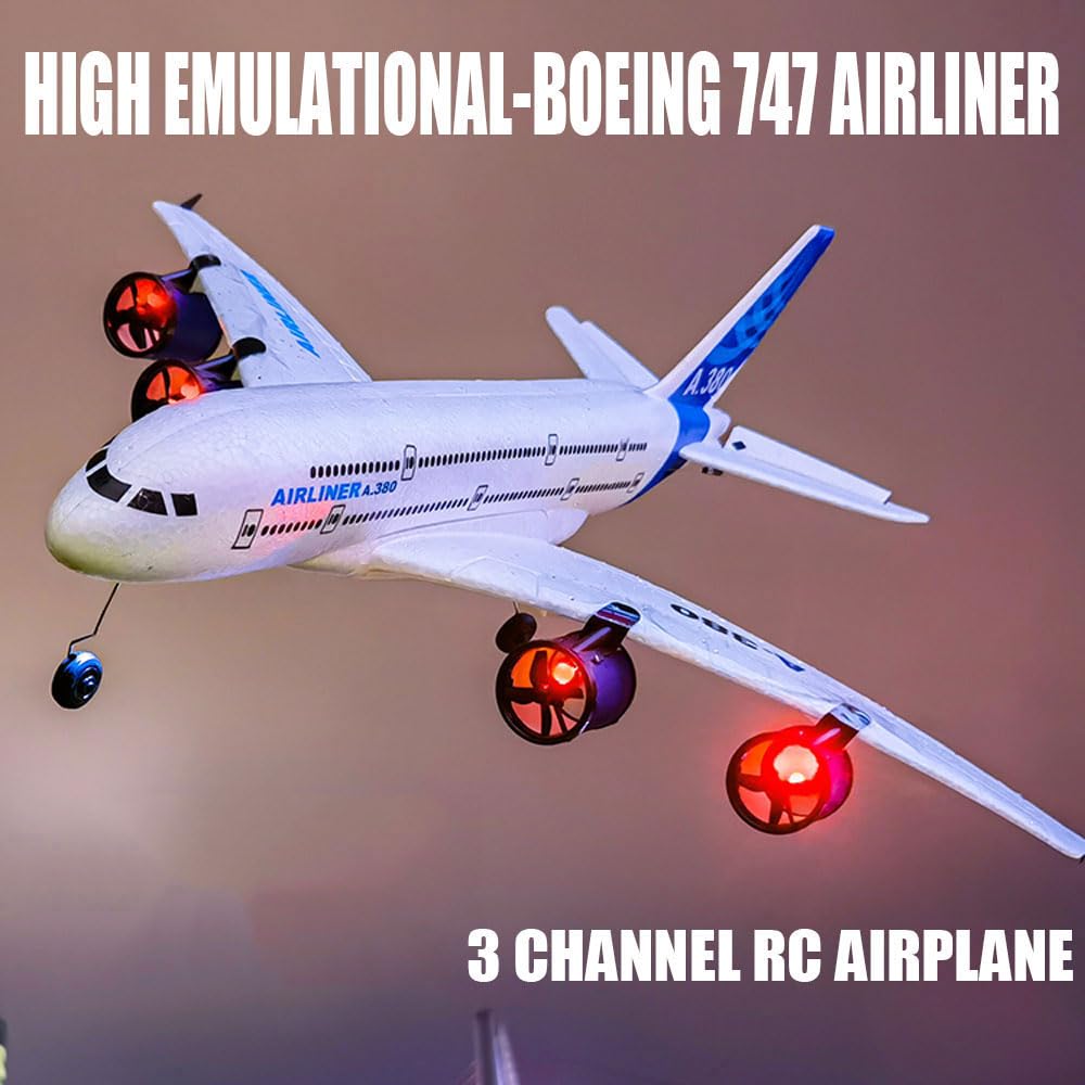FANXMF RC Airbus 747 A380 2.4G Remote Control Electric Plane Four Motor RC Airplane Toy RC Airliner with LED Lights Drop Resistant Aircraft 2 Batteries EPP Airplane for Beginners Kids Gifts (747)