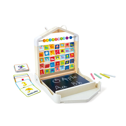 Hape Alphabet Learning Pack & Chalkboard Set for Toddlers - 35 Letter and Number Cards with Writing Board and Chalk - Educational STEM Toy for 3-6 Year Olds - Portable Travel Learning Case