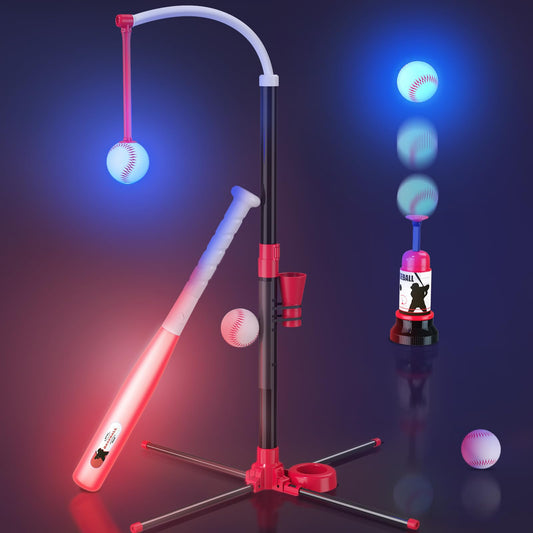 Wee Wonders 3-in-1 LED T Ball Set for Kids, Adjustable Height, Hanging Tee Ball Set with Baseball Launcher/4 Softballs/Light Up Bat, TBall Stand Sport Toys, Baseball Gifts for Boys Girls Age 3-5