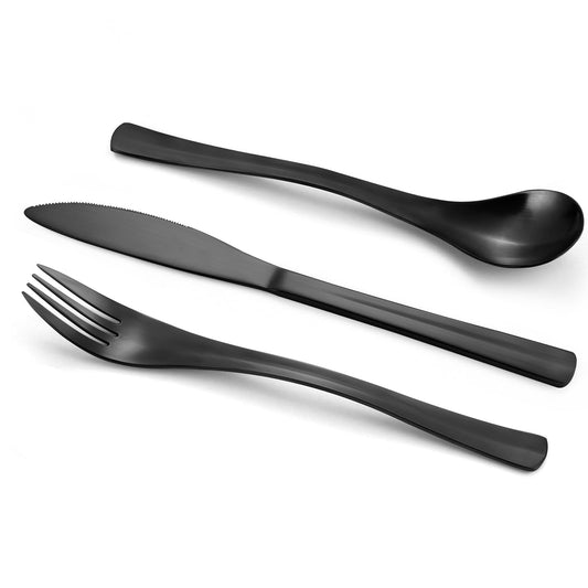 Bysta 24 Piece Black Silverware Set, Knife Fork Spoon Set, Stainless Steel Flatware Cutlery Set, Kitchen Utensil Set Service for 8, Tableware Set for Home and Restaurant, Dishwasher Safe, Satin Finish