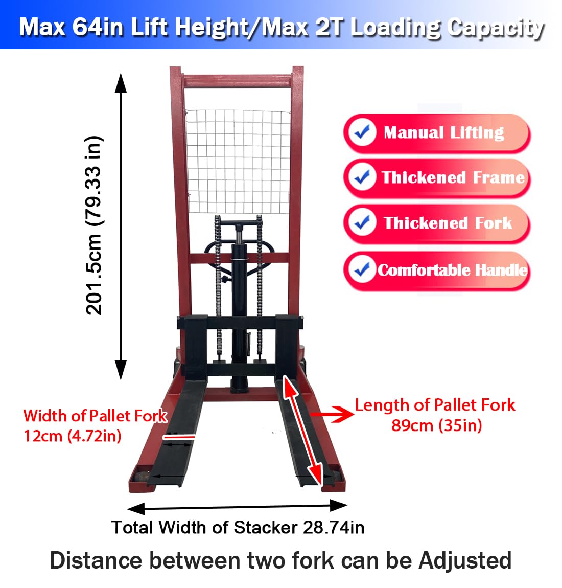 EQCOTWEA Manual Hydraulic Pallet Truck 4400 LBS(2 Ton) Manual Hydraulic Stacker 63" Lift Height Adjustable Forks Hand Pallet Truck for Single Sided Pallets to Lifting, Hoisting and Material Handling
