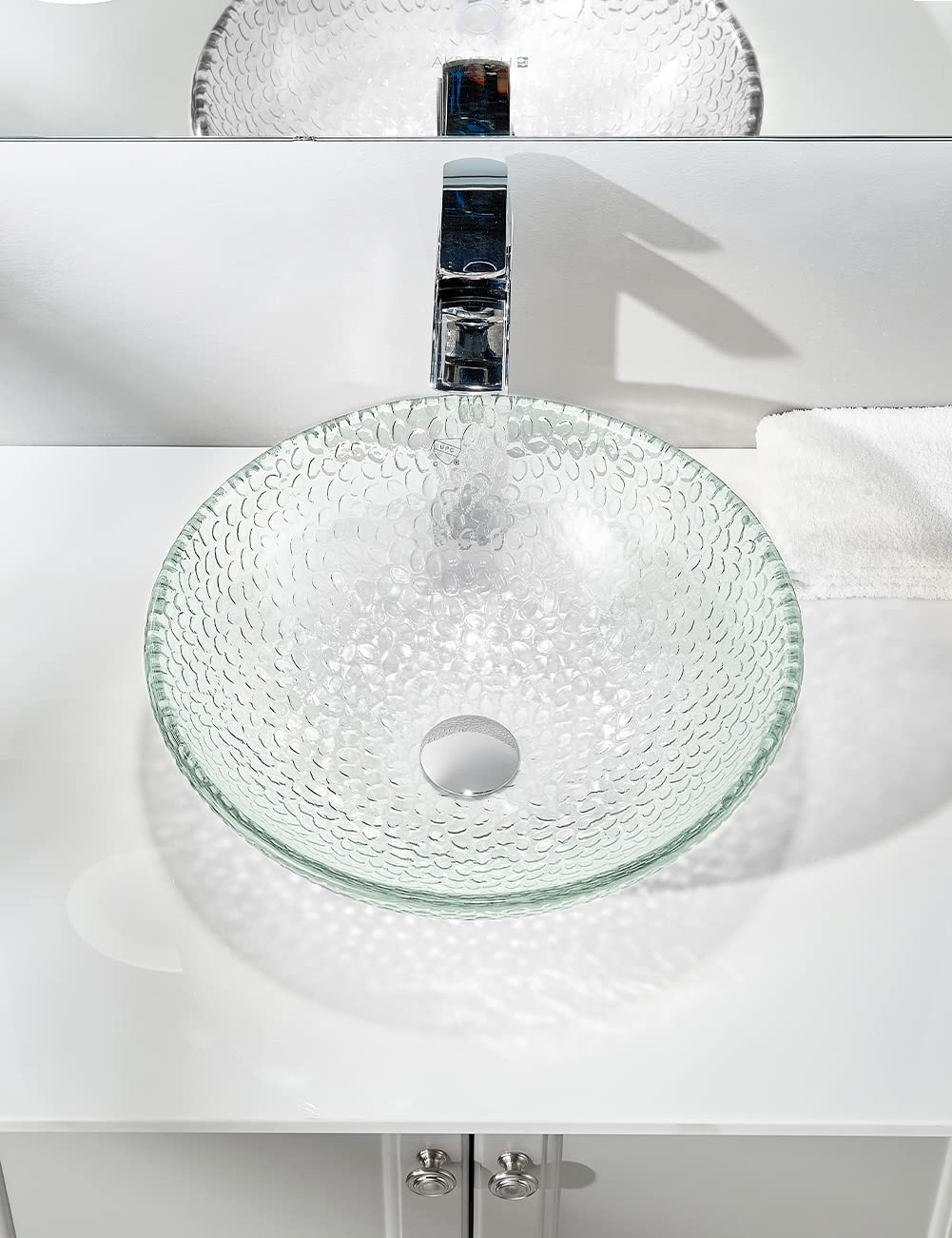 FANWIN STAR Pearl Series Glass Vessel Sink In Ice Top Raindrop Mount Sinks Above Countertop | Vanity Countertop Clear Transparent Sink Bowl with Pop Up Drain | FW-LA623