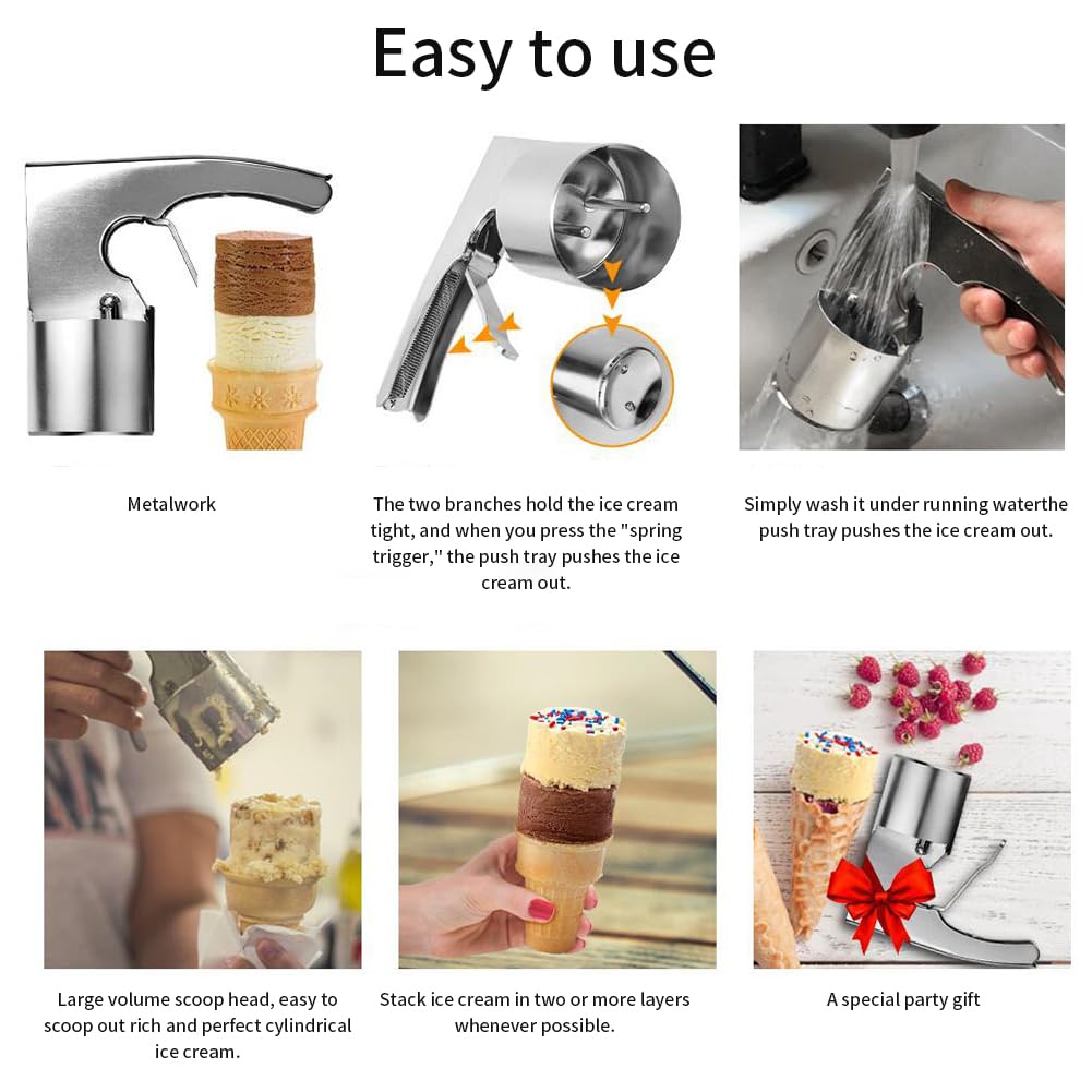 Old Fashion Style Ice Cream Scoop with Spring-Powered Trigger, Cylindrical Ice Cream Scoop, Stainless Steel Ice Cream Ball Making Spoon, Ice Cream Accessories(Silver)