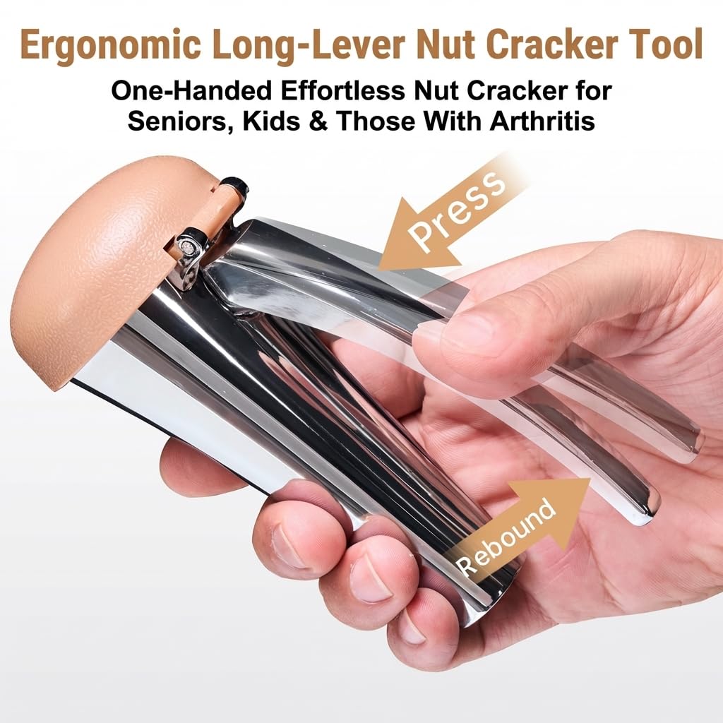 Affdeup Nutcracker: Effortlessly Cracks Large to Medium Nuts, Heavy Duty Nut Cracker tool with Splash-Proof Brown Lid, Long Ergonomic Leverage & Spring Return walnut pecan cracker