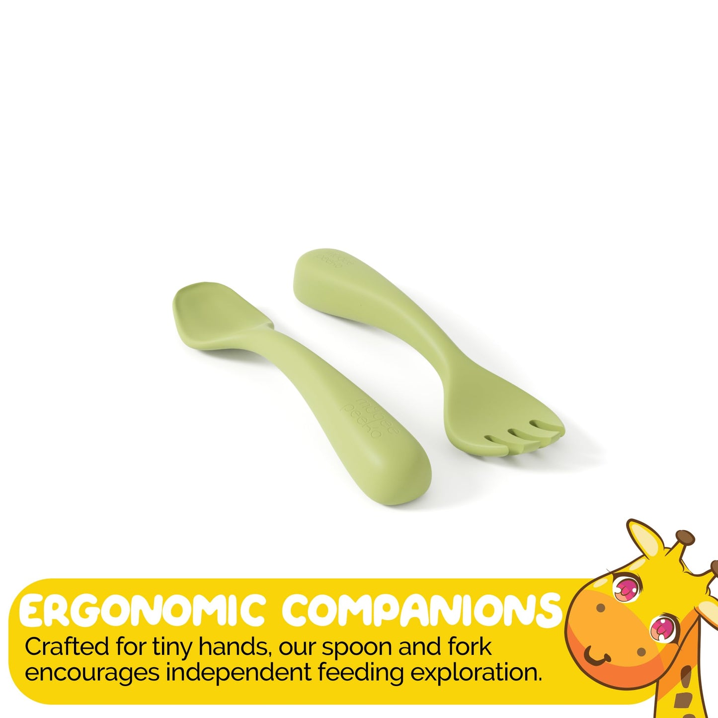Muqee Peeko Toddler Necessities Baby Feeding Essentials Set for Baby in Green Color with Baby plates with Suction and Silicone Utensil Set - (3 Pieces)