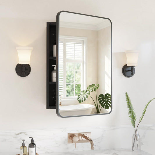 Yunnshee Yursa Medicine Cabinet Mirror 16x24 Inch, Black Bathroom Mirror Cabinet with Stepless Adjustable Shelves, Rounded Rectangle Metal Framed, Bathroom Mirror with Storage Recessed or Wall Mount