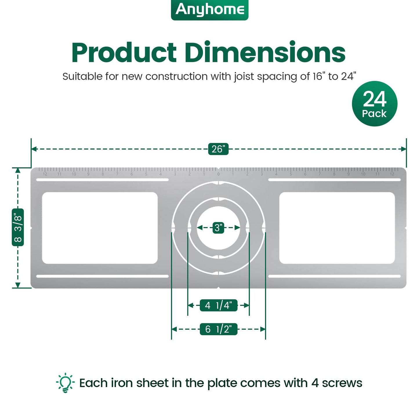 24 Pack New Construction Mounting Plate Round Hole 3" 4" 6" Galvanized Flat Steel Rough-in Fixture Wafer Light Bracket Led Recessed with Screw Accessories