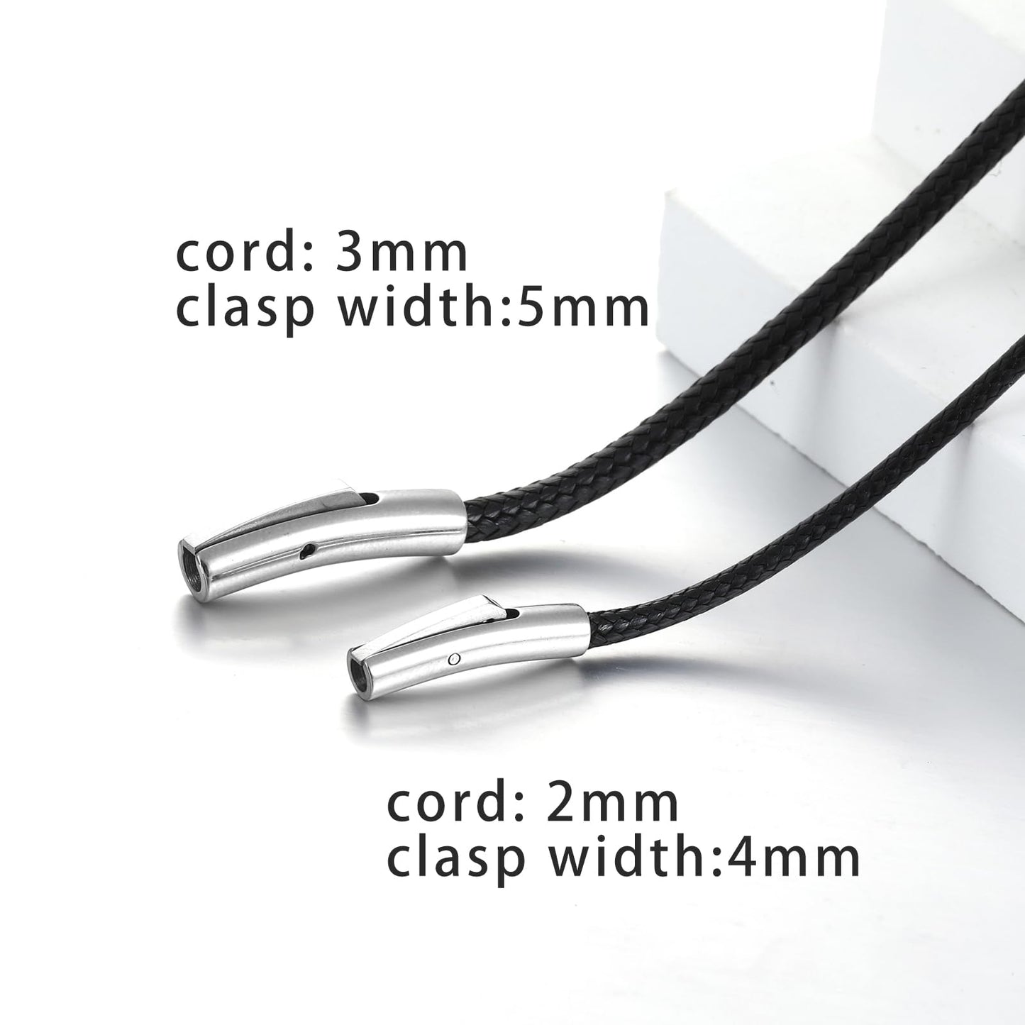 2mm Black Waterproof Braided Leather Cord Necklace with Durable Stainless Steel Snap Clasp Men Women Woven Wax String Rope Chain for DIY Pendant Length 18"