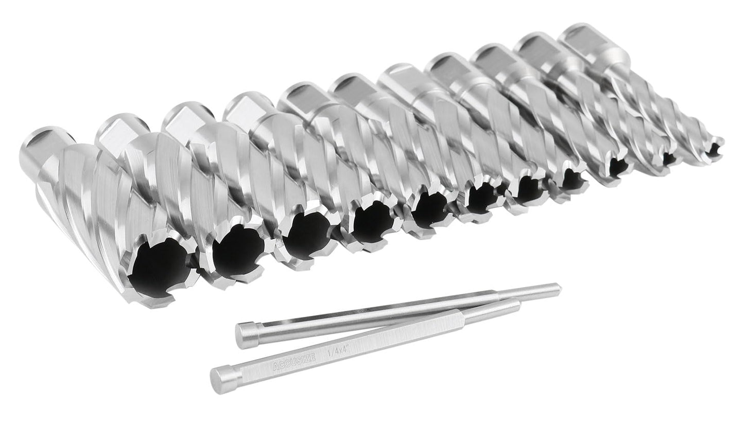 Accusize Industrial Tools 13 Pc 7/16'' to 1-1/16'' H.S.S. Annular Cutters, 2'' Cutting Depth, 3/4'' Weldon Shank, with 2 Pilot Pins, Strong Case, N2