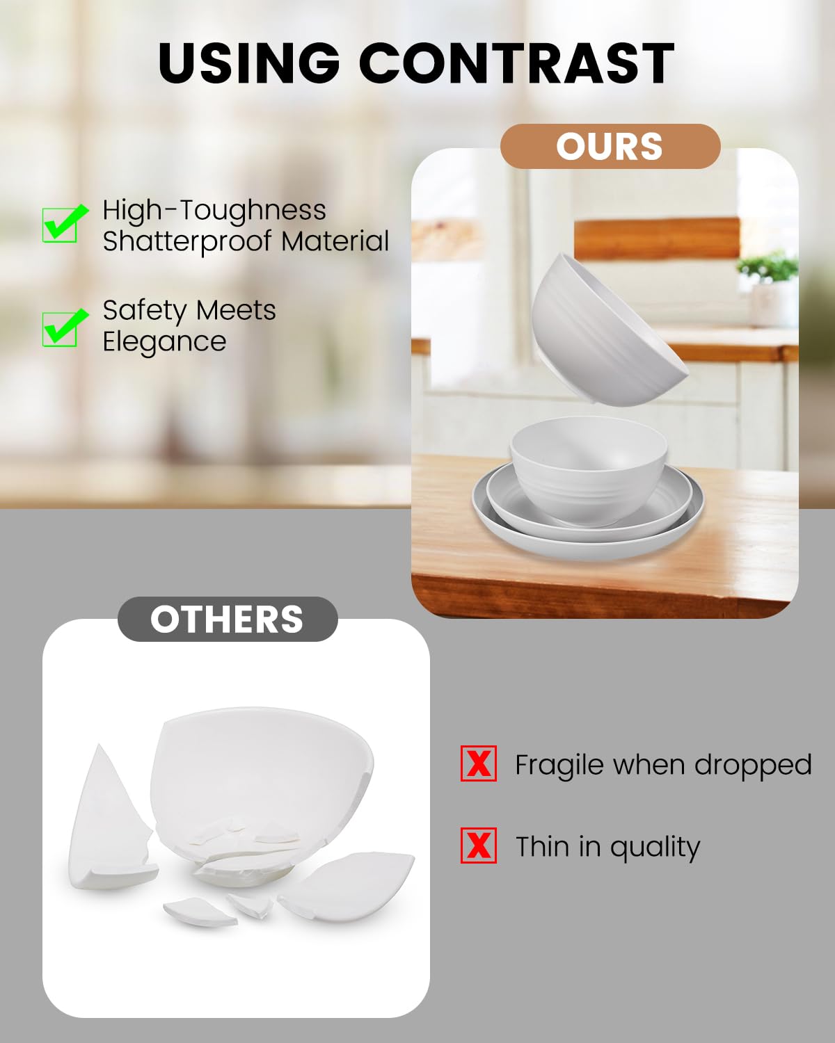 24 Pcs Dinnerware Set- Dinner Plates Set- Picnic & Camping- Unbreakable & Reusable- Includes 4x 9in, 4x 8in Plates, 4x 6in Bowls, 4 Cups, 4 Stainless Steel Forks and Spoons- Kitchen, Dorm, Office