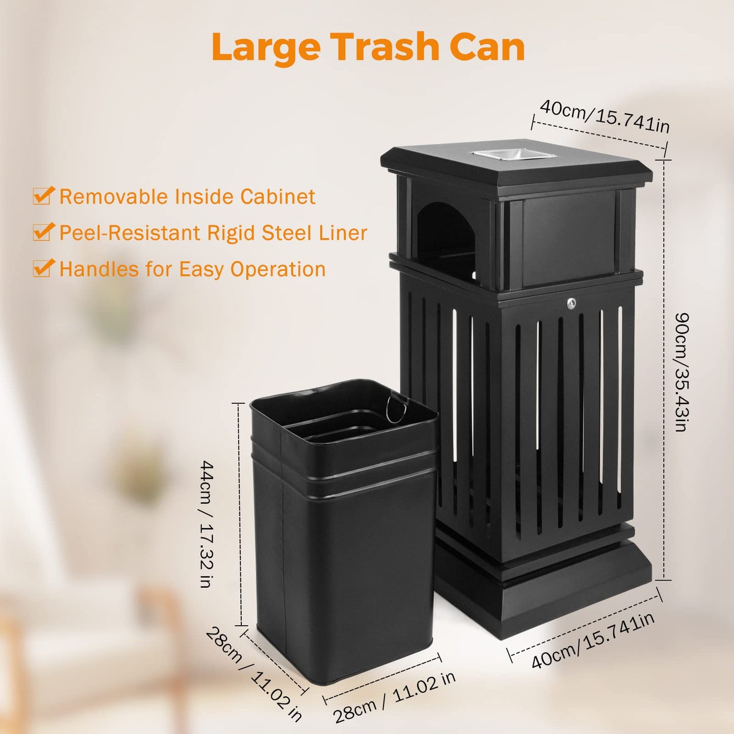 BEAMNOVA 35.5 * 15.8 * 15.8 in + 16.5 Gallon Open Top Trash Can Outdoor Top Tray Matte Black Stainless Steel Commercial Garbage Enclosure