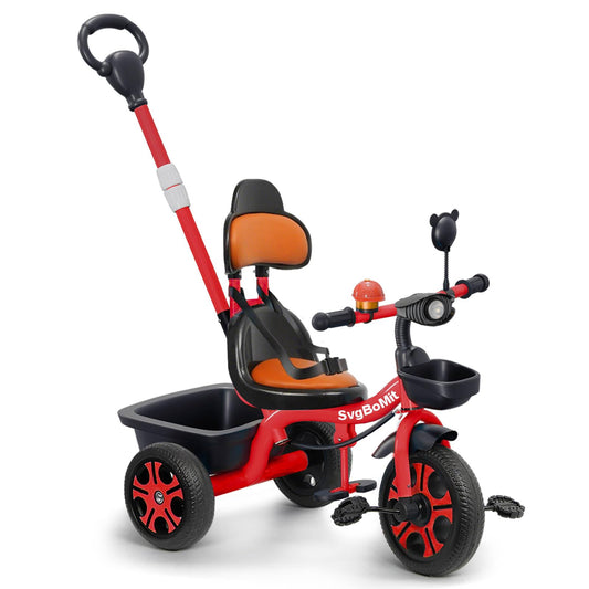 SvgBoMit 2 in 1 Toddler Tricycle with Adjustable Parent Push Handle, Bell, Mirror, Windmill, Floating Belt for Kids, Musical Lights, 3 Wheeled Stroller Gift for Kids 2-5 Years (EVA Wheels) (Red)