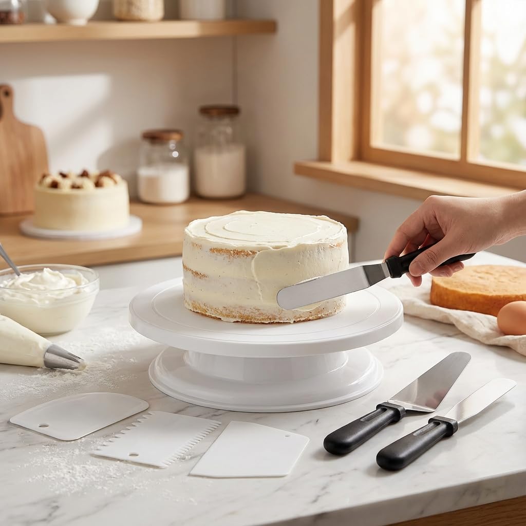 White Cake Decorating Kit Baking Supplies Baking Set with 1cake Stand 3Frosting Spatulas 4Icing Smoothers Scrapers Cake Turntable for Beginners and Pros