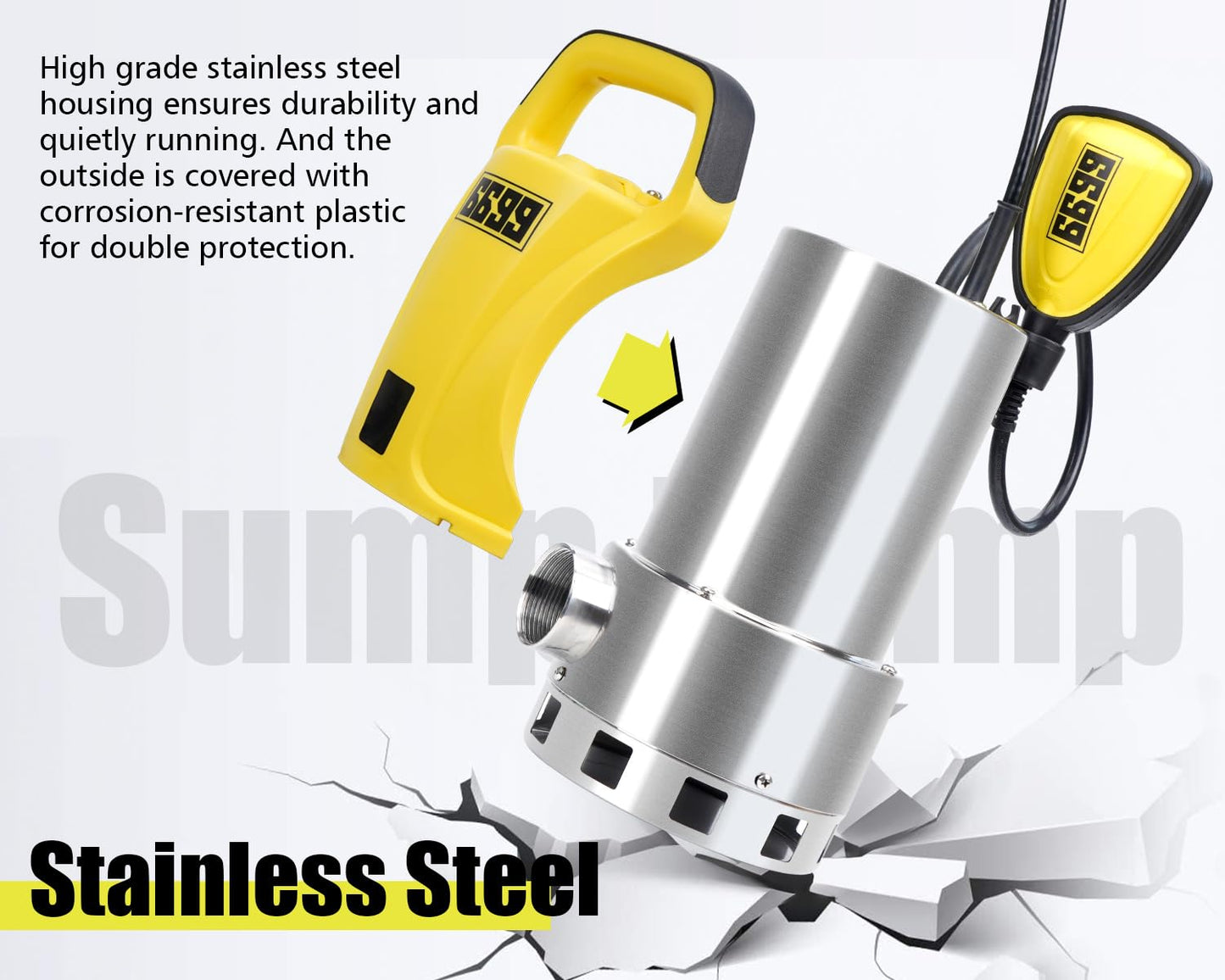 6699 1.5HP Sump Pump Submersible Utility Pump 6500GPH High Flow Stainless Steel Water Pump Water Removal from Pool Basement Sump Pit Garden Pond Hot Tub SUB 6500SS