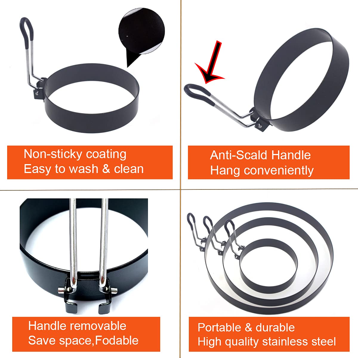 Stainless Steel Egg Cooker Set - 8" Omelette Ring, 6" Pancake Ring, 4" Griddle Egg Ring - Non-stick, Upgrade Large 3 Packs Egg Cooking Rings with Oil Brush & Egg Separator