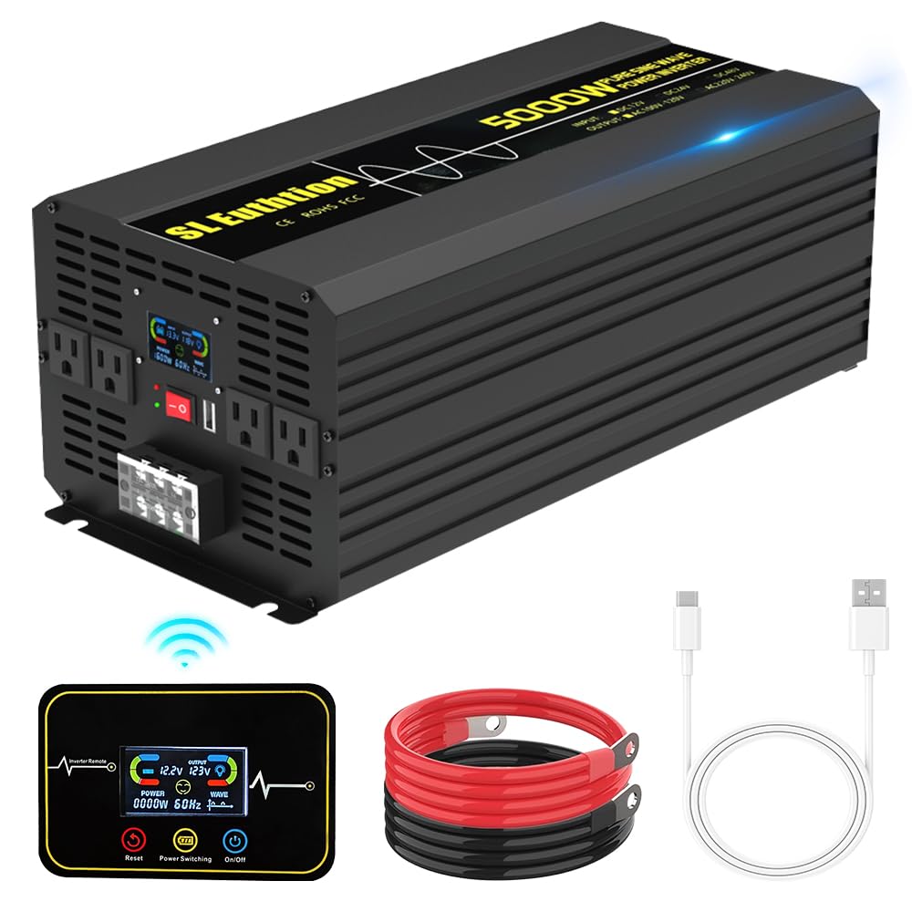 SL Euthtion 5000W/10000W(Peak) Pure Sine Wave Car Power Inverter 12V DC to 120V AC 60HZ with LCD Display, USB Port, Wireless Remote Control（10M) for Car Home Laptop Truck