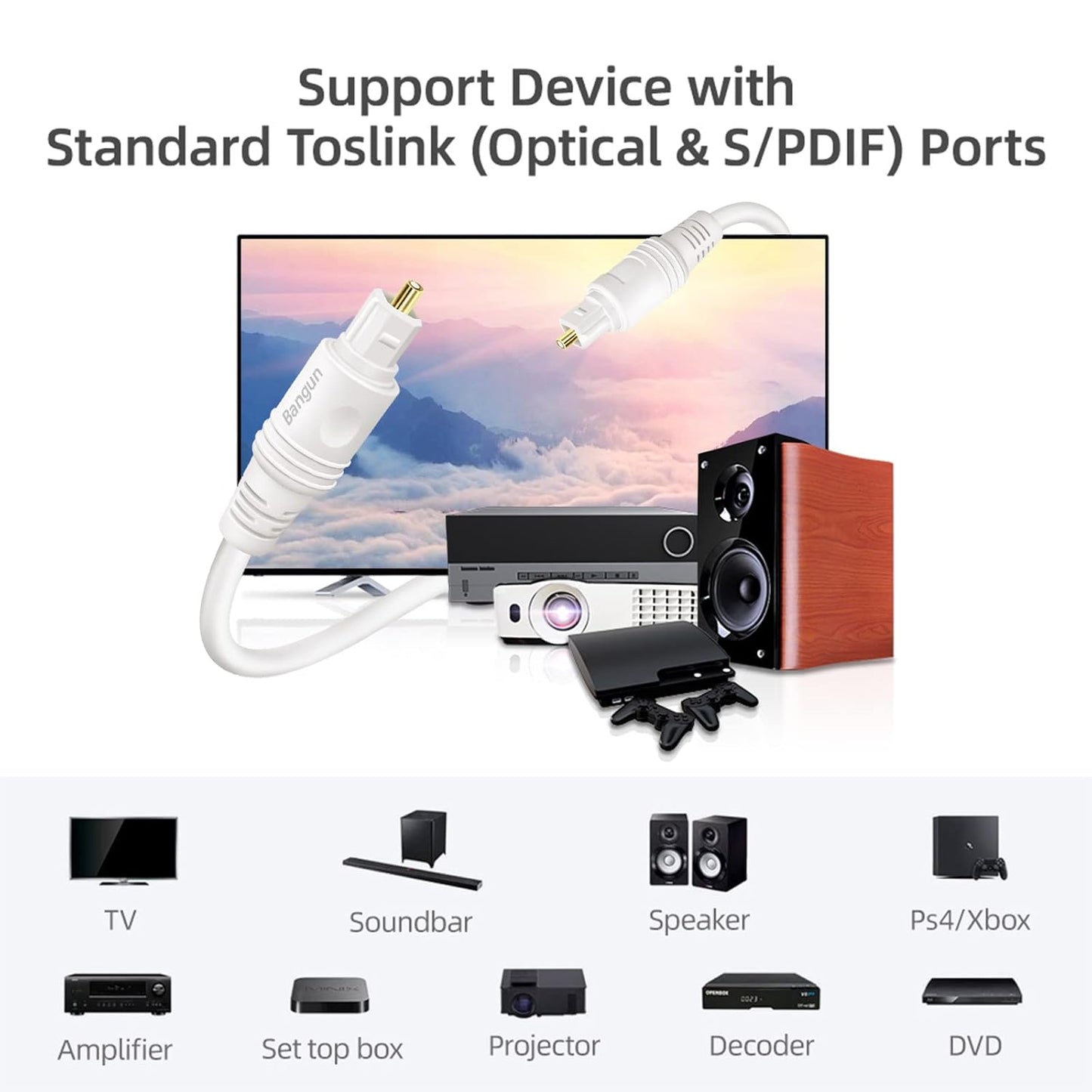 30 Bar/TV/PS4/Xbox feet White Optical Audio Cable, Slim Toslink Digital Fiber Optic Audio Cable, Optic Cord for Sound
