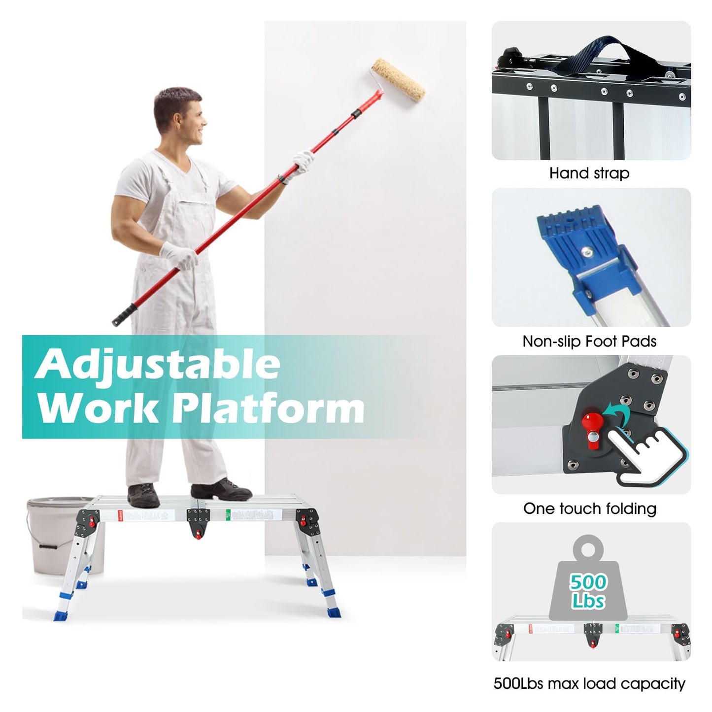 LEADALLWAY Portable Work Platform Height Adjustment 33"(L) x12(W) x20(H) Foldable Step Stool Aluminum Platform Ladder with One-Touch Automatic Fold 330 Lbs Capacity