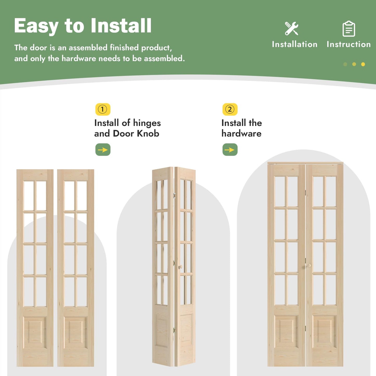 Roymelo Bifold Doors for 32"×80" Opening, Clear Glass French Interior Folding Barn Door with Concealed Hardware Kit Included, Spruce Wood Support DIY Dyeing, Preassembled Door, Save Space