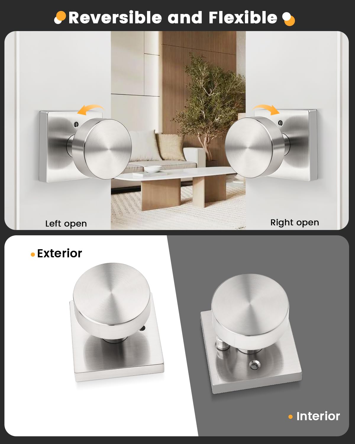 Gobrico Brushed Nickel Privacy Door Knobs with Square Rosette(6 Pack), Interior Heavy Duty Door Handles with Lock, Keyless Door Locks for Bedroom, Bathroom