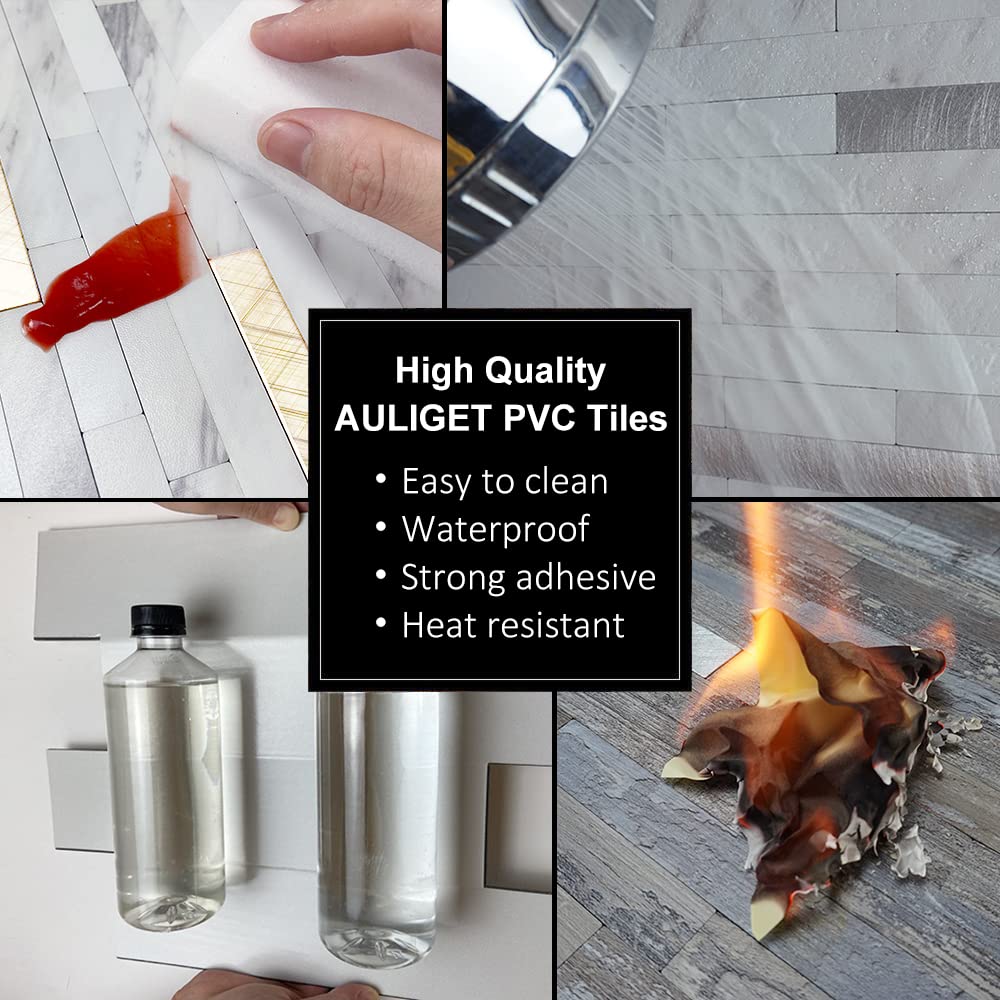 AULIGET 40 Sheets Faux Stone Peel and Stick Backsplash, White Marble Look PVC Wall Tiles Stick on Backsplash for Kitchen