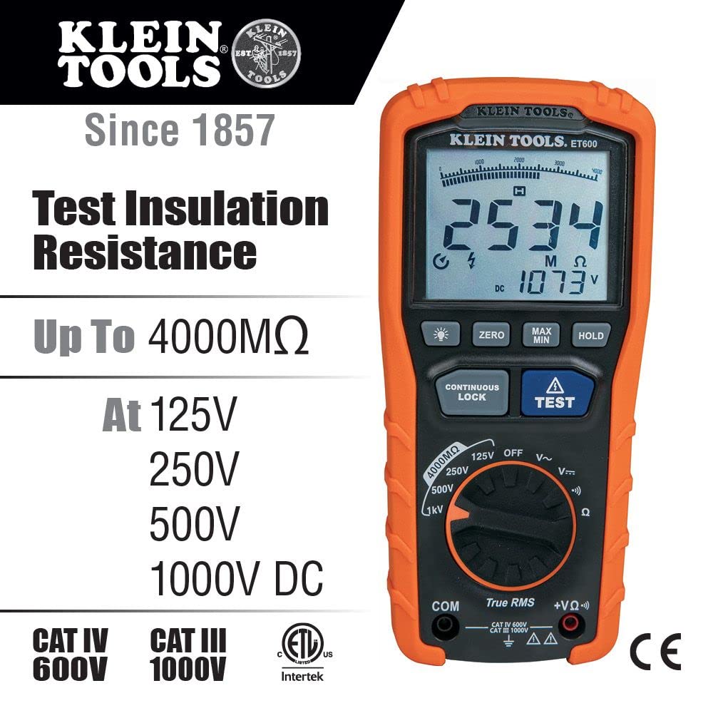 Klein Tools ET600 Multimeter, Megohmmeter Insulation Tester, 4000 Ohms Resistance, 125V/250V/500V/1000V, Auto-Ranging TRMS Multimeter & ET450 Advanced Circuit Breaker Finder and Wire Tracer Kit