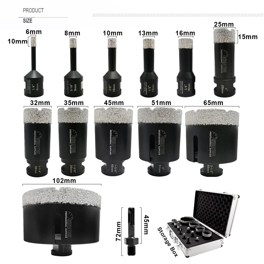 SHDIATOOL Diamond Drill Core Bits Set for Porcelain Hole Saw Cutter for Tile Marble Ceramic Granite Bricks Used for Angle Grinder Hand Drill Kit 5/8 inch-11 13pieces