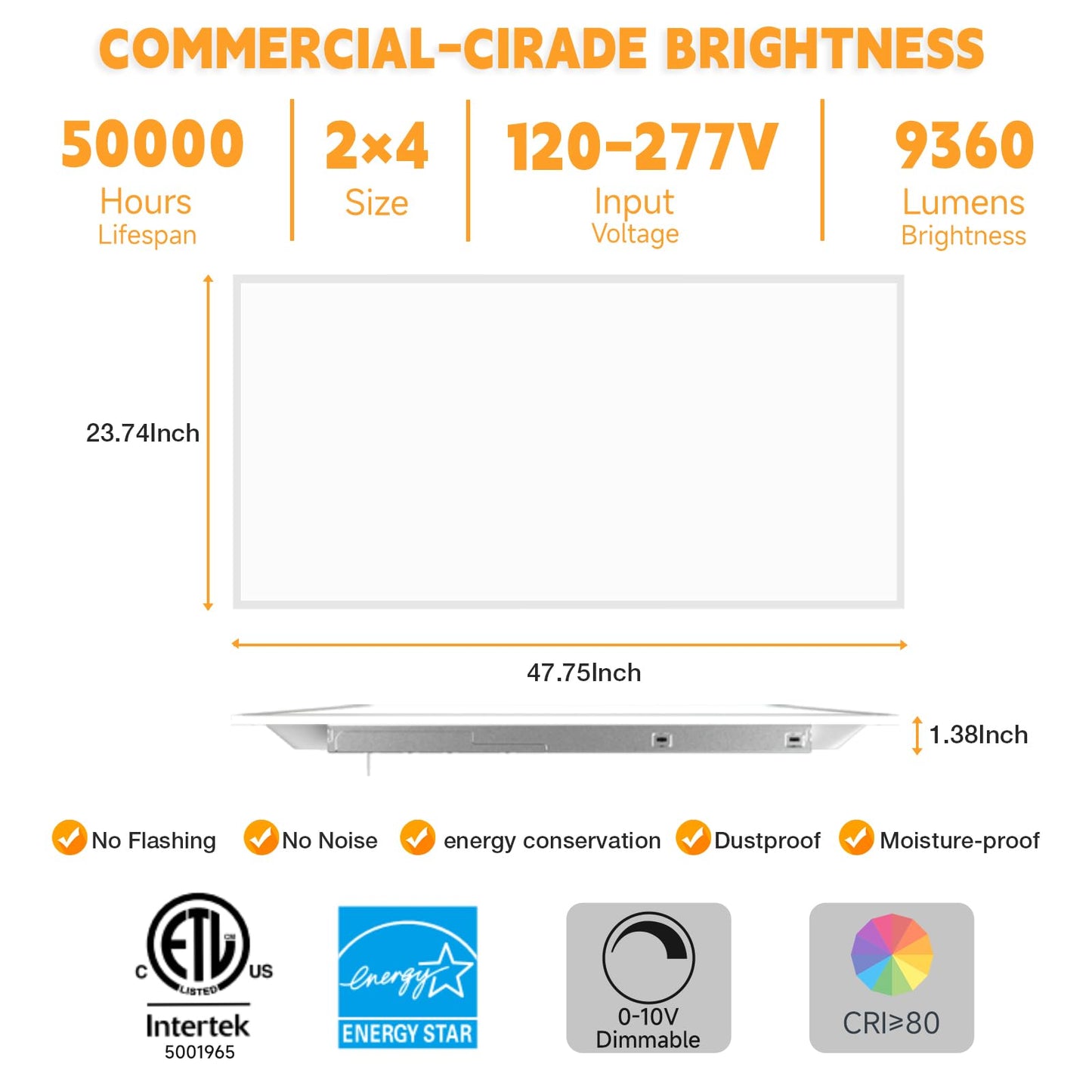 OKQ 2x4 LED Flat Panel Light Drop Ceiling Office Fixture, 30/40/50W Selectable, 5000K 5CCT Switchable, 0-10V Dimmable, 24x48 Inch LED Flush Mount Ceiling Light, ETL Listed 4 Pack