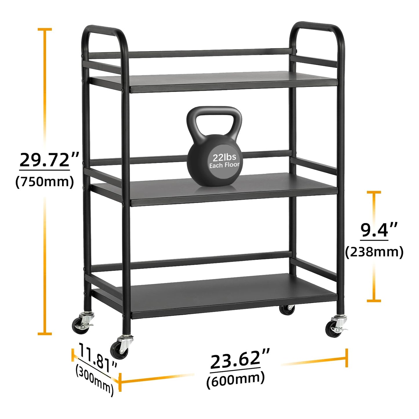HDANI 3 Tier Metal Utility Multipurpose Rolling Cart,Large Capacity Heavy Duty Cart with Lockable Wheels Rolling Cart with 2 Lockable Wheels for Home,Office,Kitchen,Bathroom,Bedroom(Black)