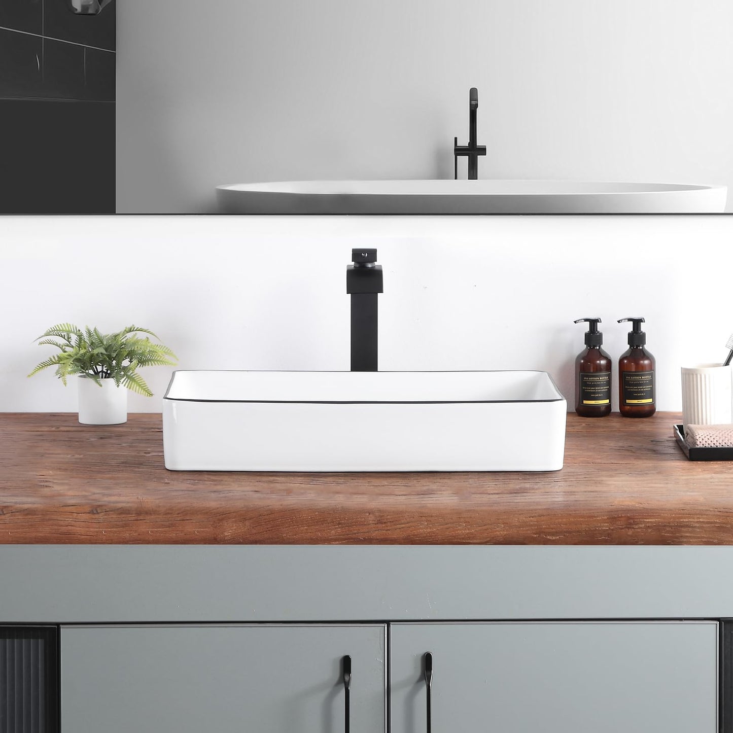 KDKSC Vessel Sink 24"x14" Rectangular Bathroom Sink White with Black Trim Porcelain Ceramic Modern Above Counter Vanity Sinks