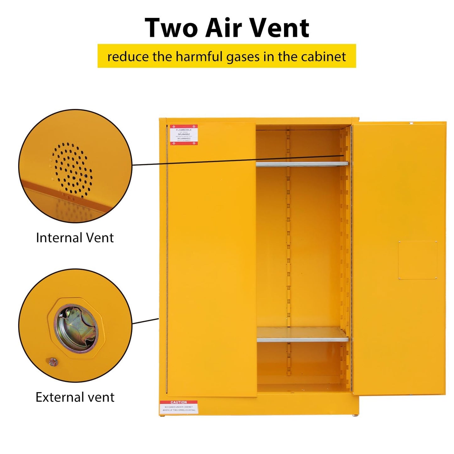 ExploreHorizon 45 Gal Flammable Safety Cabinet, 43" x 18" x 65" Galvanized Steel Flammable Liquid Storage Cabinet with 2 Adjustable Shelves 2 Manual Doors for Industrial Use, Yellow