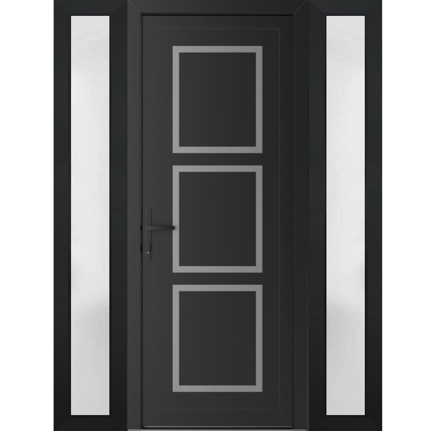 VDOMDOORS Front Exterior Prehung Metal-Plastic Door Frosted Glass | Manux 8661 Matte Black | 2 Side Sidelite Transoms | Residential Doors Entrance Patio Garage 60 x 80 (W12+36+12 x H80) Right-Inswing