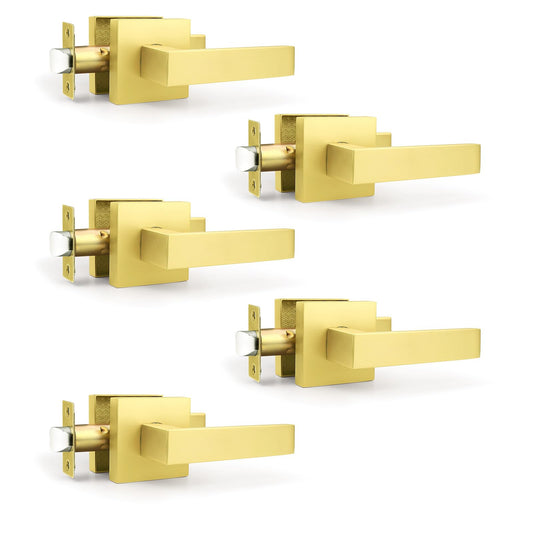 Brotima 5 Pack Gold Passage Door Handles for Hallways & Closets, Non-Locking Brushed Gold Closet Door Handles, Heavy Duty Passage Door Hardware, Gold Keyless Square Levers Handles, Satin Brass