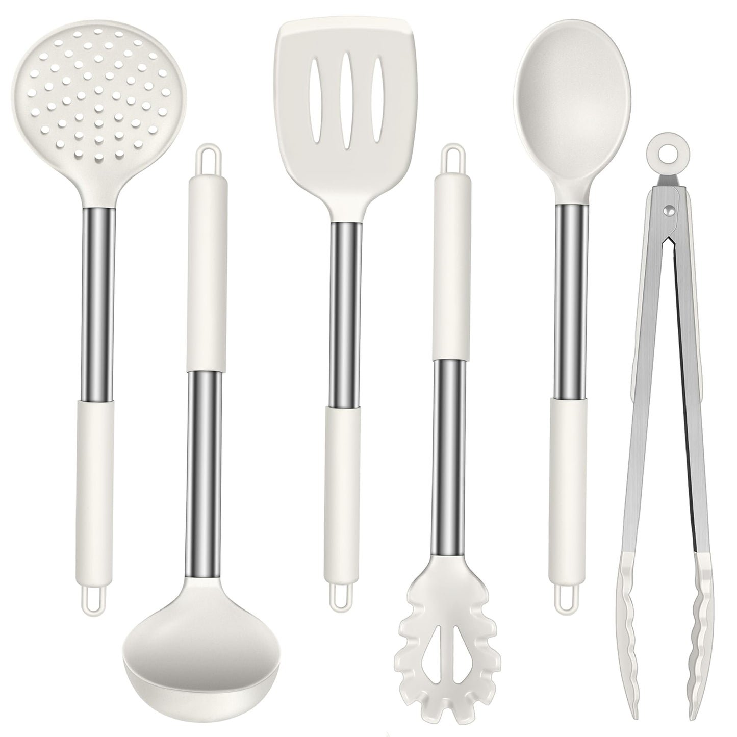 LIANYU Silicone Cooking Utensils Set, 6 Piece Kitchen Cooking Utensils Set, Heat Resistant Kitchen Spatula Gadgets Tools for Nonstick Cookware, Stainless Steel Handle, Dishwasher Safe, White