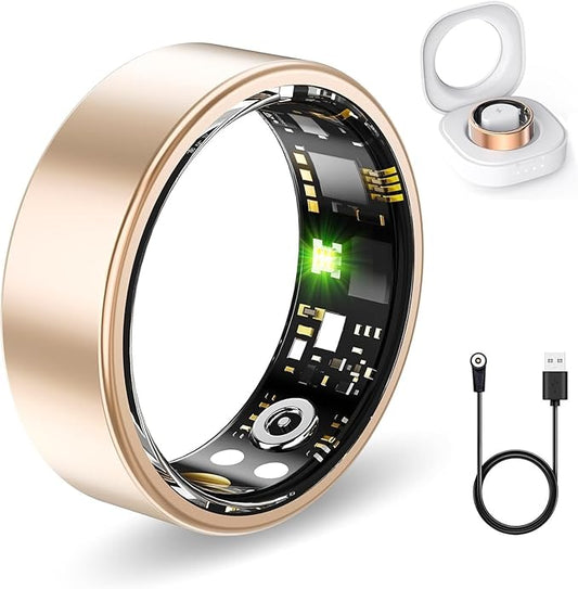 Smart Health Rings for Women Men, Fitness Tracker with Heart Rate, Blood Oxygen, HRV, Sleep Tracker, Step Tracker, No Subscription Fee, IP68 Waterproof Smart Ring for iphone & Android (Gold, 9#)