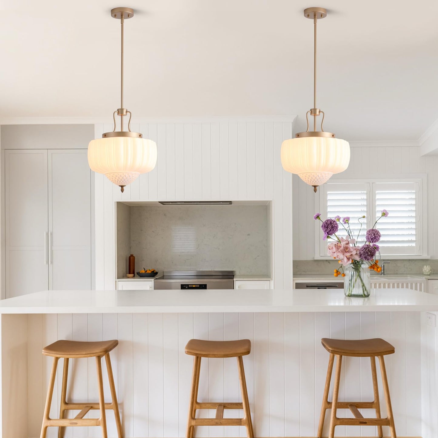 Blhxian Milk Glass Pendant Light,14" Brass Chandelier,Ceiling Light Fixture Chandelier with Milk Glass Shade,Adjustable Height Pendant Lights Kitchen Island for Entryway Hallway Kitchen Foyer
