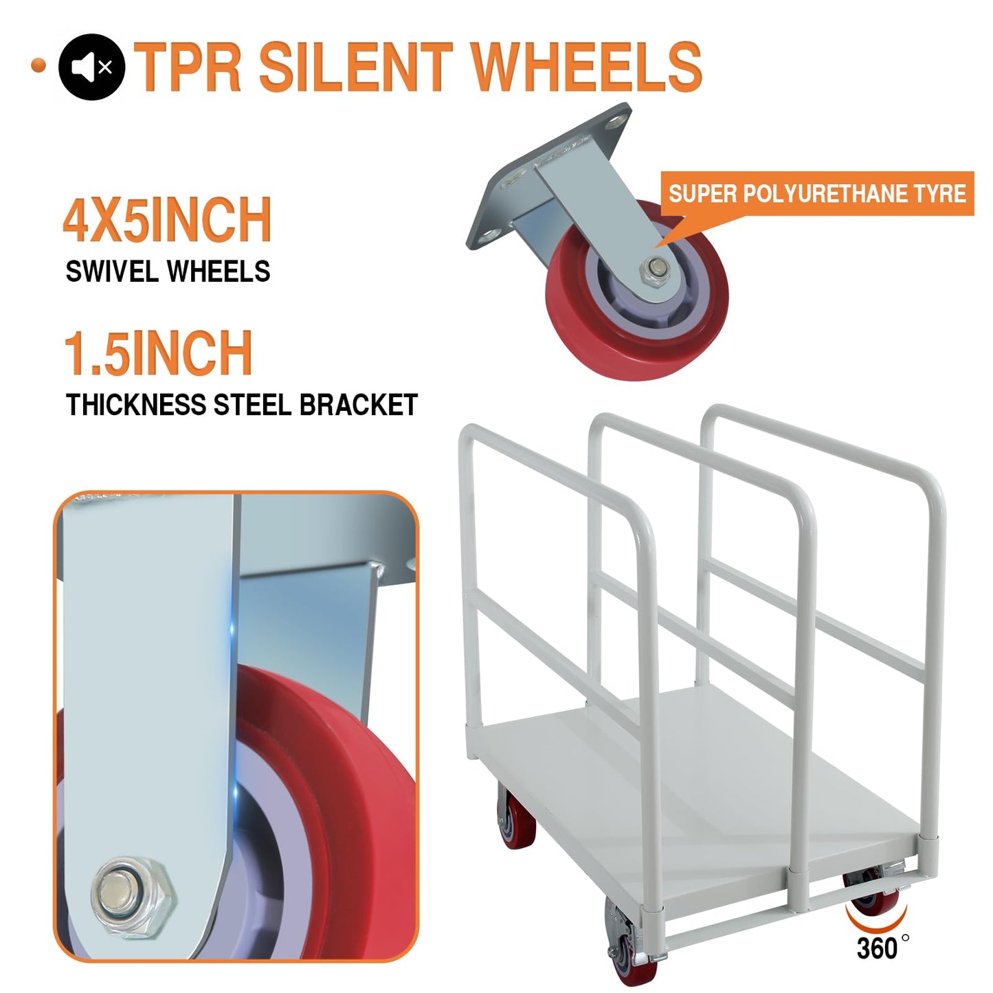 Drywall Cart Steel Panel Truck, Heavy Duty Flatbed Carts with Wheels, Platform Flat Bed Cart with 2500 Lbs Capacity, 4 Swivel Casters, 3 Side Handrails