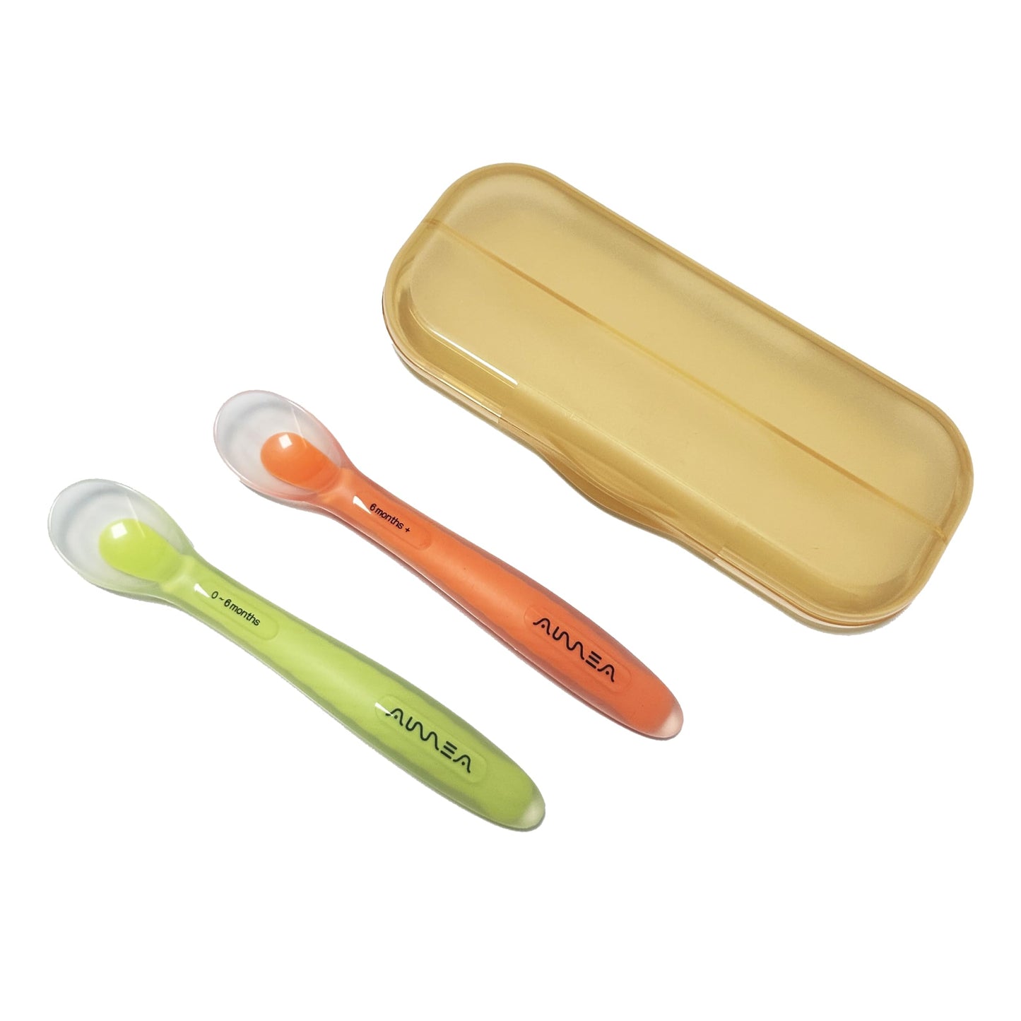 Aurrea Baby Spoons 2-Pack | Soft Silicone First Stage Feeding Spoon Set with Travel Case | Stage-Based Design for 0-6m & 6m+ | BPA-Free, Gum-Friendly for Infant & Toddler | Lime + Peach