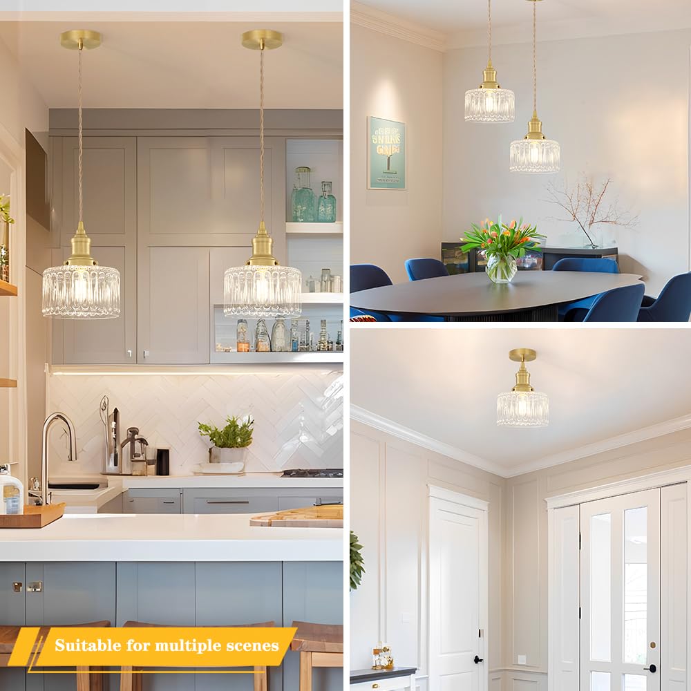 Ditoon Vintage Pendant Lights for Kitchen with Clear Striped Glass Shade, 6.9 In Brushed Gold Pendant Lights Kitchen Island, Small Kitchen Island Lighting Adjustable Hanging Light for Entrance Hallway